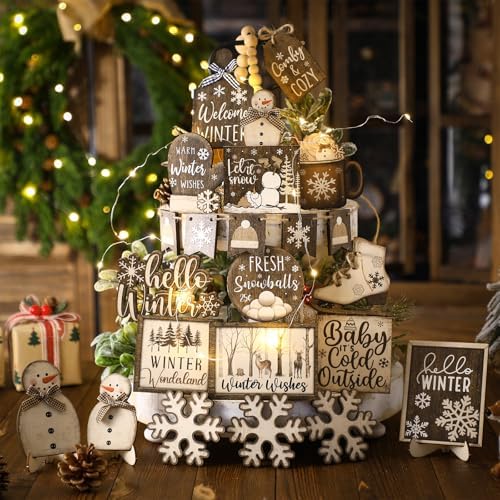 Shellwei 23 Pcs Winter Tiered Tray Decor Set Wood Rustic Hello Winter Snowman Snowflake Decoration Christmas Farmhouse Decor Xmas Signs for Christmas Decorative Trays Table Shelf Home Centerpiece