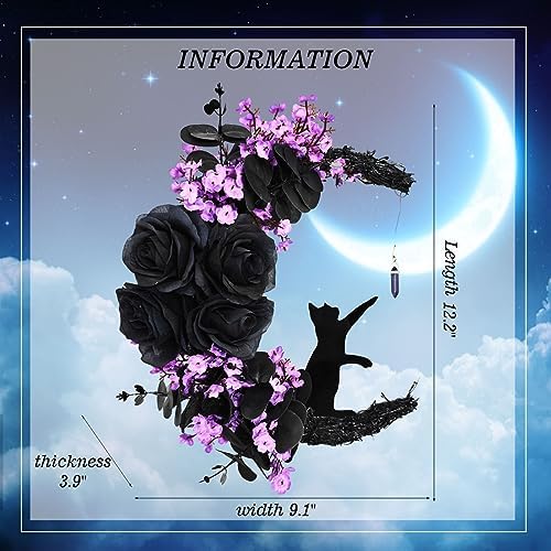 Black Rose Halloween Wreath with Lights, Crescent Moon Cat Wreath