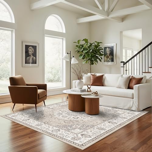 6ft Square Living Room Area Rug: Washable Oriental 6x6 Rugs for Bedroom Dining Room Non-Slip Entryway Kitchen Nursery