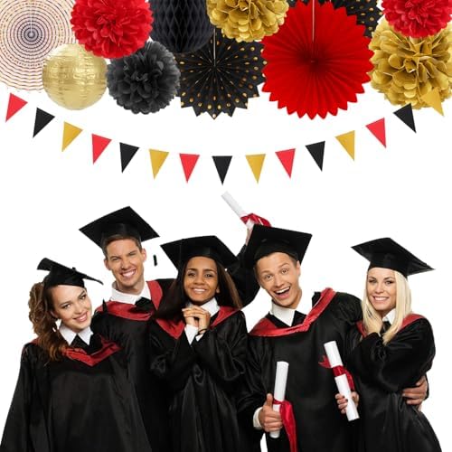 Red-Black Gold Casino Theme Party-Decorations - 20pcs Game Night Paper Lanterns Fans,Tissue Pom Poms,Honeycomb Balls,Bunting,Birthday Graduation Wedding Bridal Baby Shower Decor Burgleda