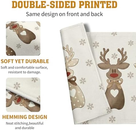 Christmas Reindeer Snowflakes Placemats Set of 4 Xmas Cute Elk Deer Place Mats 12x18 Seasonal Winter Holiday Farmhouse Linen Table Mats for Party Kitchen Dining Outdoor Indoor Decor