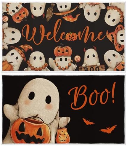 Halloween Welcome Door Mat Set of 2, Boo Pumpkin Ghost Doormat
