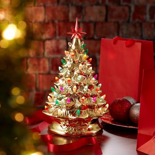 Casafield Hand Painted Ceramic Christmas Tree, Gold 15-Inch Pre-Lit Tree with 128 Multi Color Lights and 2 Star Toppers