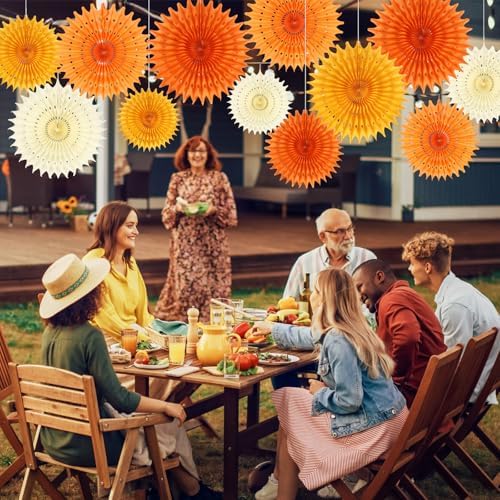 BestoFun 12PCS Orange Paper Fans Fall Party Decorations Tissue Paper Flowers Decorations for Girl Groovy Birthday Baby Shower Wedding Autumn Halloween Thanksgiving Room Wall Hanging Décor
