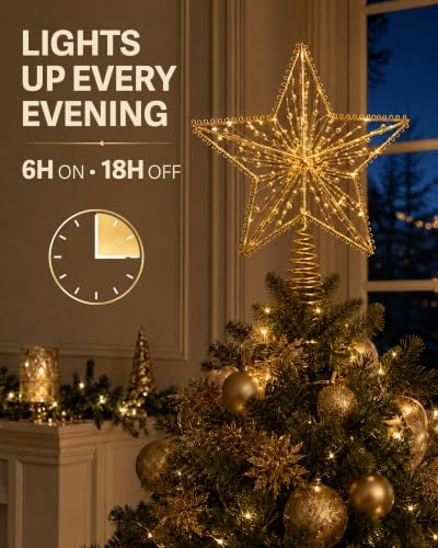 Noiclub Christmas Tree Topper Star 10" Metal Gold Beaded Star with 6H Timer