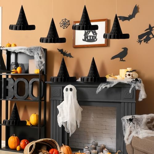 Fourluoo 12 Pack Halloween Honeycomb Decorations Bats Ghosts Set,Witch Hat