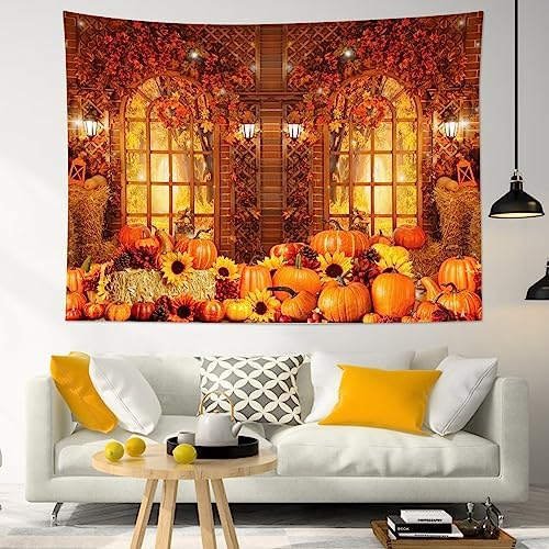 HVEST Fall Tapestry Wall Hanging Rustic Orange Pumpkin and Sunflower in Maple Tree Forest Tapestry for Bedroom, Autumn Thanksgiving Tapestries for Living Room Home Holiday Decor, 92.5W X 70.9H inches