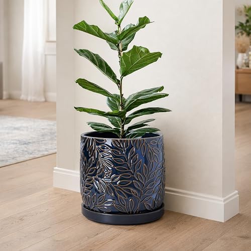 D'vine Dev Embossed Leaves Ceramic Planter, 10 in, Midnight Blue, 27-A-P-3