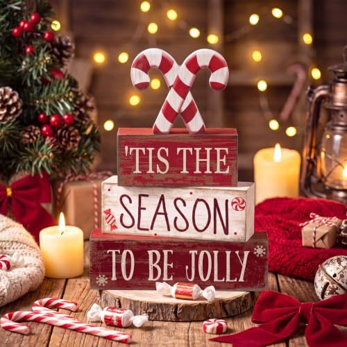 Lineshading 4 Pcs Christmas Table Decorations, Red White Candy Wood Signs