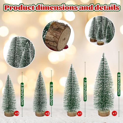 7PCS Small Christmas Trees, Bottle Brush Christmas Trees Mini Sisal Snow Frost Trees Pine Trees with Wood Base Tabletop Mini Christmas Village Tree for Holiday Decorations