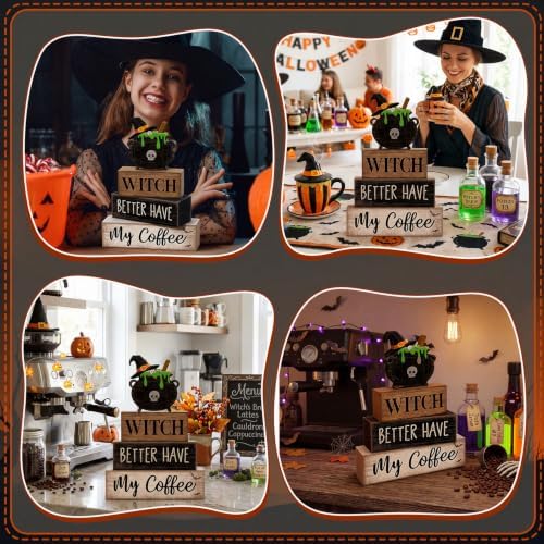 Lineshading 4 Pcs Halloween Coffee Table Decor Witch Cauldron Wooden Signs