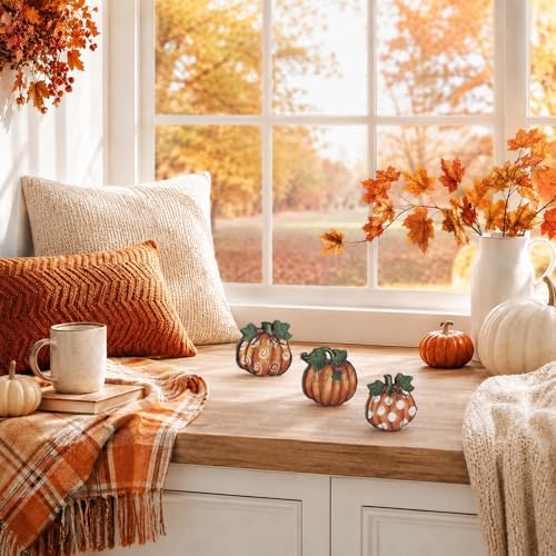 Smile Fall Wooden Tabletop Decor Set 3-Piece Patterned Pumpkin Table Topper Signs for Autumn Harvest Home Decor