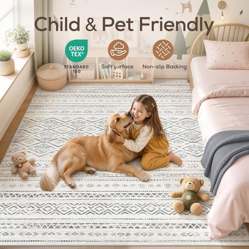 Nakagishi Area Rug Living Room Rugs: 9x12 Large Soft Machine Washable Boho Moroccan FarmNeutral Stain Resistant Indoor