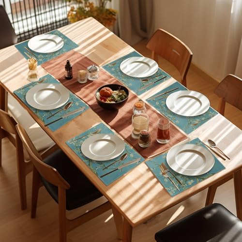 Almond Tree in Blossom Placemats Set of 6,Washable Heat Resistant 12×18 Inch Linen Table Mats Art Place Mats for Party Outdoor Dining Décor