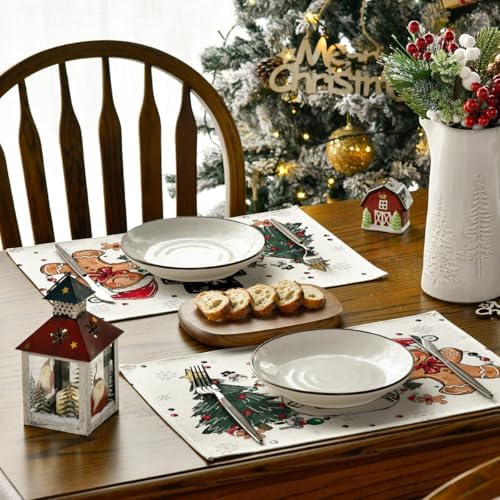 Artoid Mode Snowman Tree Gingerbread Gifts Merry Christmas Placemats Set of 4, 12x18 Inch Seasonal Winter Holiday Table Mats for Party Kitchen Dining Decoration