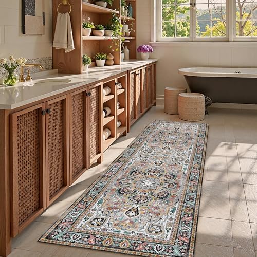 Washable Area Rug 2'6'' x 8' Vintage Traditional Persian Mat - Foldable Distressed Non-Slip Machine Washable Carpet for