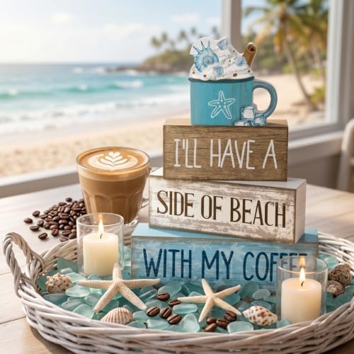 Lineshading 4 Pcs Beach Coastal Wooden Block Signs with Coffee Cup Summer