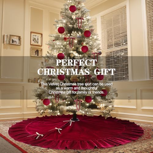 Velvet Christmas Tree Skirt, 72 Inches, Bow Style, Red