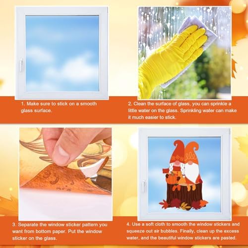 Whaline 9 Sheets Happy Fall Thanksgiving Window Clings Autumn Cute Cartoon Window Stickers Static Reusable Glass Decals for Harvest Party Home Classroom Office Decor Supplies