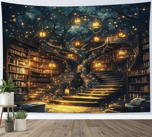 HVEST Fantasy Library Bookshelf Wall Tapestry Fairytale Tree Magic Bookshelf Tapestry Wall Hanging Retro Vintage Tapestries for Classroom Study Room Bedroom Living Room Dorm, 70.9L x 92.5W Inches