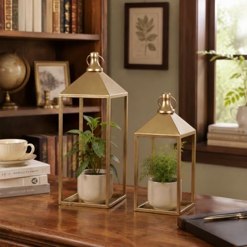 Decorative Candle Lanterns Indoor, 2 Pcs Gold Metal Lanterns with Candles