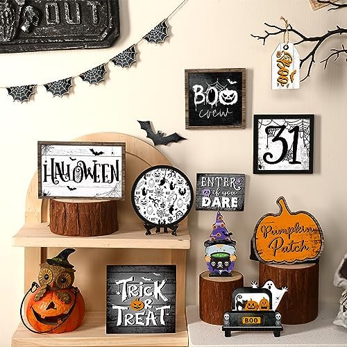 FairySandy 14 Pcs Halloween Tiered Tray Decor Set, Ghost Wood Table Signs
