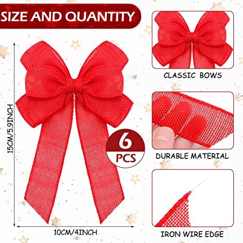 Xinnun 6 Pcs Christmas Burlap Bows Wreath Bows,Plain Style,Red