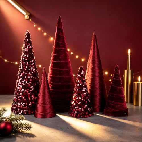 6 PCS 12" 10" 6" Burgundy Christmas Velvet Cone Tree Decorations Christmas Glitter Tree Farmhouse Tree Tiered Tray Ornament for Xmas Winter Home Holiday Rustic Fireplace Shelf Tabletop Tree Decor