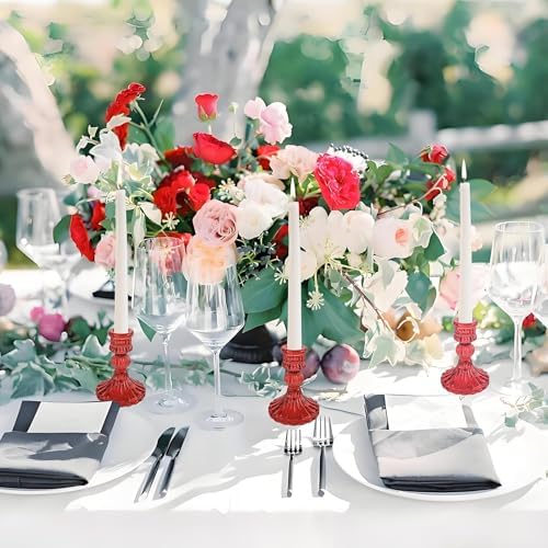 Red Glass Candlestick Holders, Taper Candle Holders, Set of 6