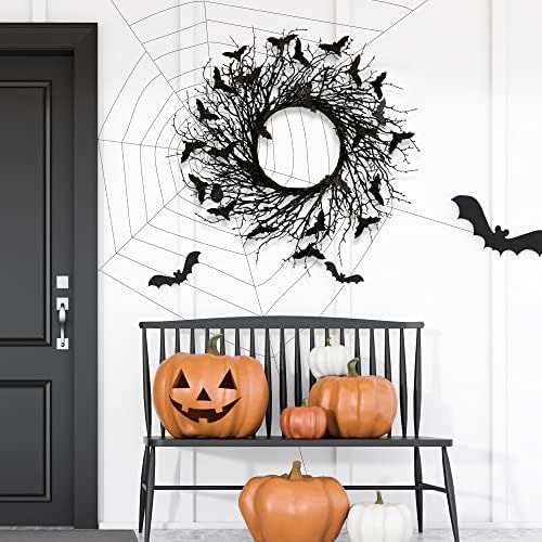 Sggvecsy 17.7"Artificial Black Twig Wreath with Glitter Bats - Handmade Sparkling Hanging Decorations for Front Door, Indoor/Outdoor Halloween Party