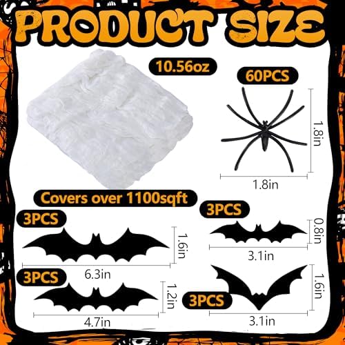 1100 Sqft Halloween Spider Webs Decoration with 60 Fake Spiders 12 Bats