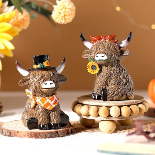 Simgoing 2 Pack Fall Highland Cow Sunflower Cow Figurines for Home Decor