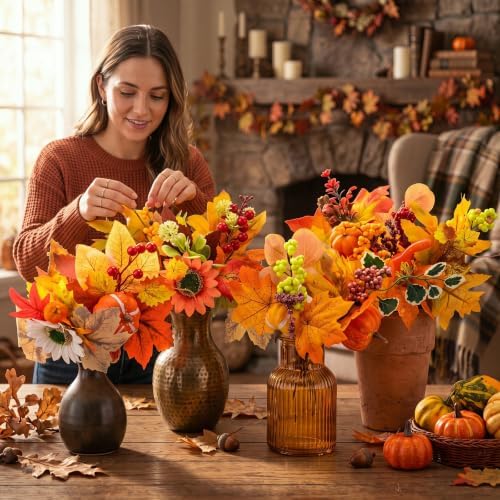 16 Pcs Fall Flower Pick, Artificial Floral Leaf Stem, 12 Inch, Pumpkin