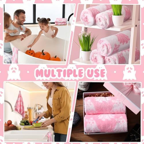 Breling 2 Pcs Halloween Bow Ghost Hand Towels Pink White Bathroom Towels