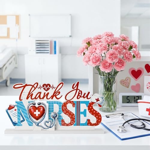Smile Nurse Month Wooden Tabletop Decor Thank You Nurses Plaque with Stands Indoor Home Office Decor Nurse Appreciation Gift