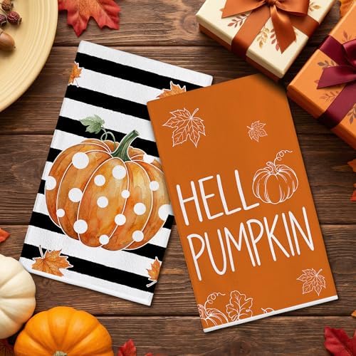 Bonsai Tree Fall Kitchen Towels, Pumpkin Fall Decor, Stripe Hand Towels