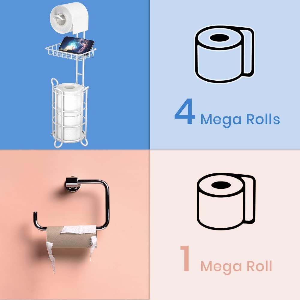 Toilet Paper Roll Holder Stand Bathroom Tissue Holders Free Standing with Middle Shelf Storage Reserve Mega