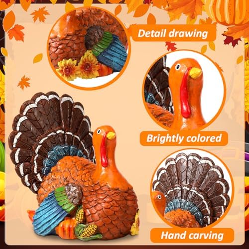 Blosssound Thanksgiving Turkey Decorations - Resin Figurines With Pumpkin, Sunflower, Maple Leaf, Corn - Table Decor for Home, Kitchen, Office - Fall Harvest Gift Party