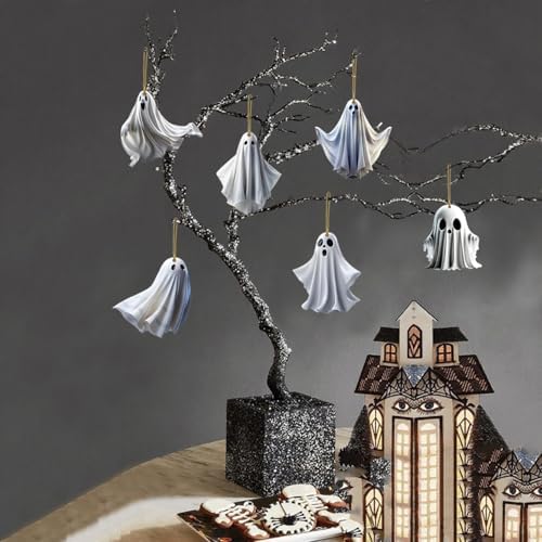 6 Pcs Halloween Hanging Ornaments for Tree Cute White Little Ghost Designs Halloween Spooky Acrylic Pendants Cartoon Ghost Hanging Ornaments Decorative for Holiday Party Craft Supplies