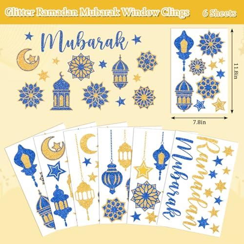 Whaline 6 Sheet Glitter Ramadan Window Clings Window Decal Blue-Gold Eid Mubarak Moon Star Reusable Anti-Collision Glass Decor for Home School Office Muslim Al Fitr Party Supplies