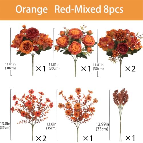 Mixed 8pcs Fall Artificial Peony Hydrangea Bouquet, Burnt Orange Red Silk Faux Flower, Autumn Faux Floral Arrangements for Wedding Table Thanksgiving Outdoor Planters Porch Patio Garden Yard