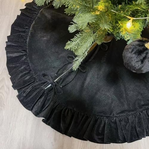 Velvet Christmas Tree Skirt Black 36 inch Ruffled Holiday Tree Skirt for Rustic Xmas Tree Decoration