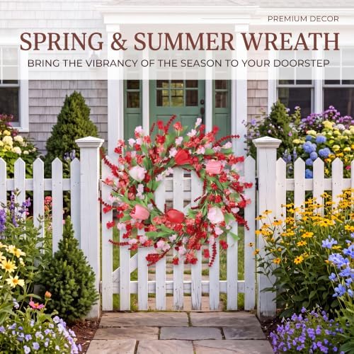 Sggvecsy Spring Summer Wreath for Front Door 22 Inch Artificial Red Flower Wreath with Pink Tulips Greenery Leaves Lavender for All Seasons Home Farmhouse Indoor Outdoor Wall Decor (Red and Pink)