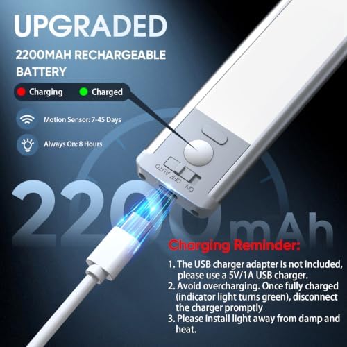 Under Cabinet Lighting, 14.7" Rechargeable Motion Sensor Light Indoor, 2 Pack Magnetic Dimmable Closet Lights, Wireless