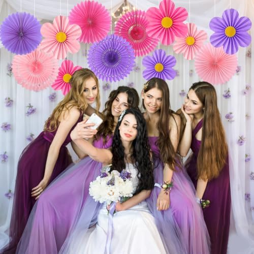 ADLKGG 12 Pcs Pink Purple Party Decorations, Paper Fans Flower Wall