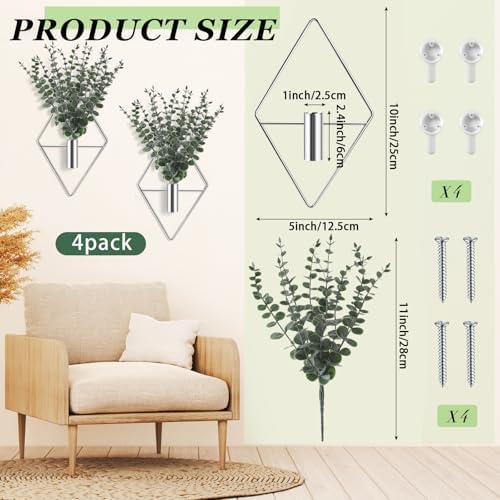 Jexine 4 Pcs Hanging Artificial Planters Wall Decor, Silver, Eucalyptus