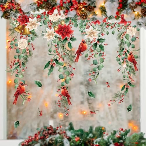 Whaline 9 Sheets Christmas Floral Window Cling Stickers Hanging Poinsettia Flowers Eucalyptus Leaves Reusable Window Decals for Xmas Winter Party Home Office Classroom Decoration