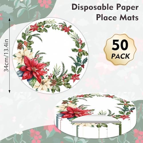 50 Pack Christmas Paper Placemats Disposable Poinsettia Place Mats 13.4 Inch Red Green Christmas Flower Decorative Round Table Mats for Xmas Winter Birthday Wedding Baby Shower Party Supplies