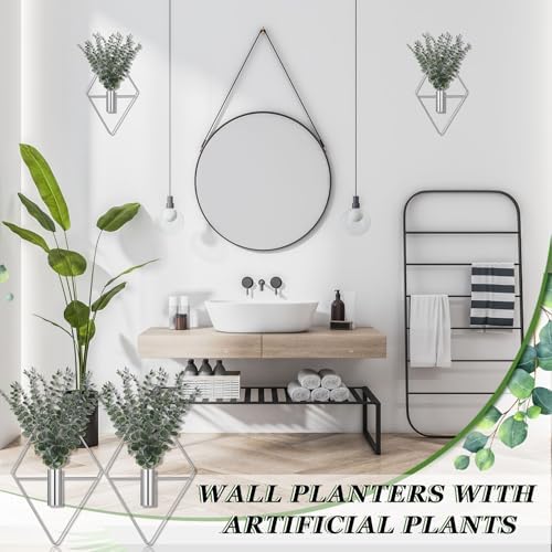 Jexine 2 Pcs Hanging Artificial Planters Wall Decor, Chrome, Eucalyptus
