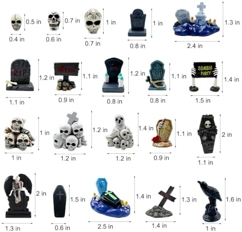 20 Halloween Miniature Figurines,Mini Resin Tombstones Skull Heads Figures